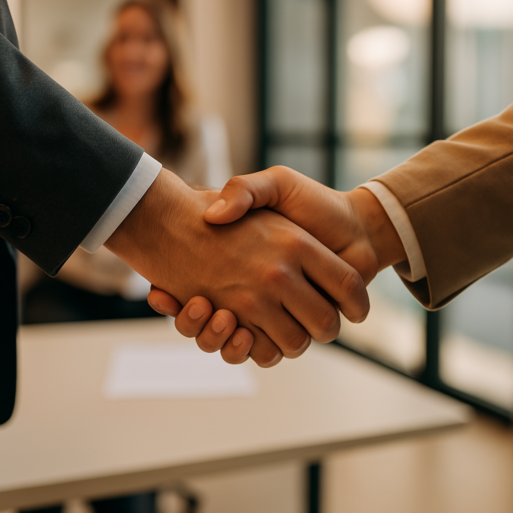 Business handshake between two people, representing connection and agreement