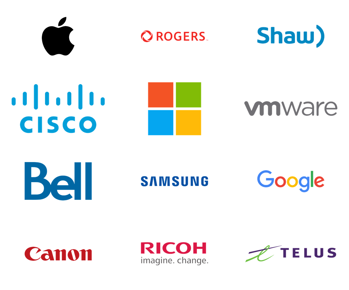 Logos of Rogers, Shaw, Cisco, Microsoft, VMware, Bell, Apple, Samsung, Google, Canon, Ricoh, and Telus